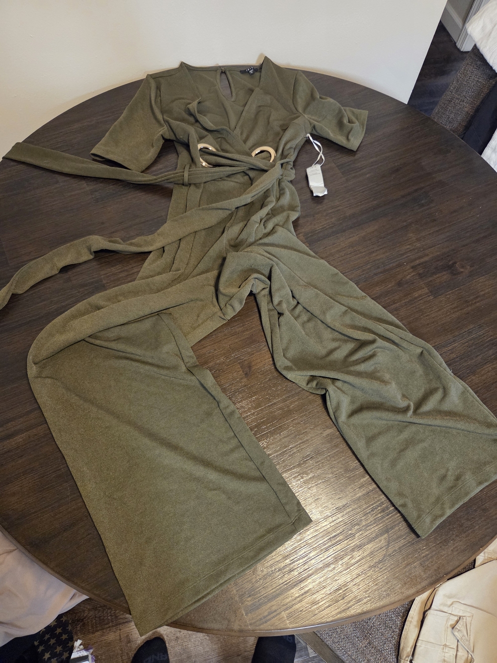 Iris Basic‎ Olive Green Wide Leg Jumpsuit Grommet Tie Waist Short Sleeve Small